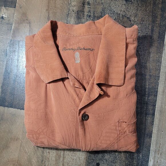 Tommy Bahama 100% Silk Mens XL Burnt Orange Short Sleeve Button Front Shirt FLAW - Picture 1 of 9